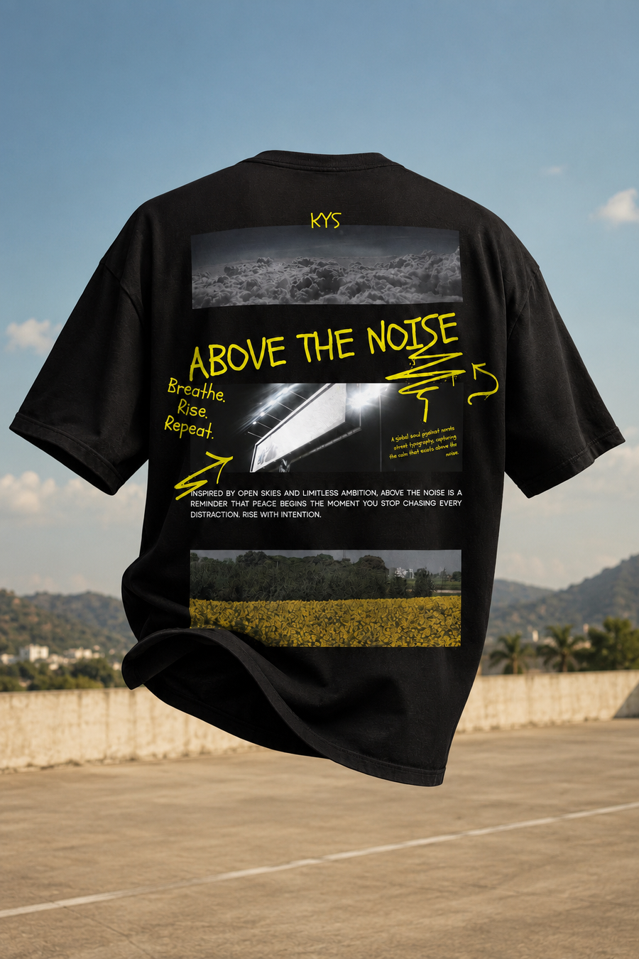 Above The Noise Graphic Tee front view - KYS oversized streetwear