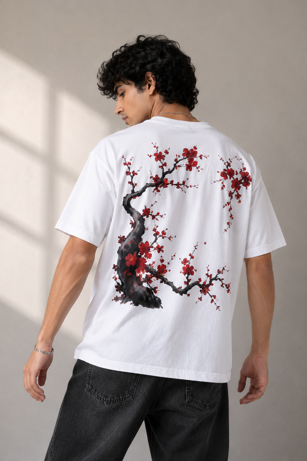 Sakura Oversized Graphic Tee back view with cherry blossom print - KYS streetwear